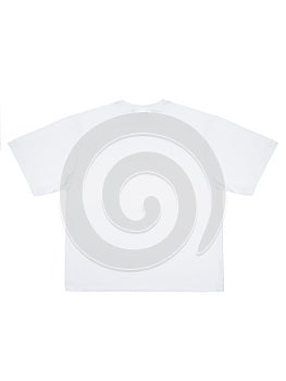 White cotton t-shirt mockup with black empty label isolated on white background, top view, back view.