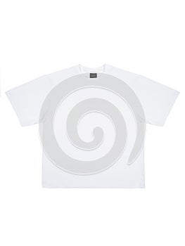 White cotton t-shirt mockup with black empty label isolated on white background, top view, front view.
