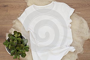 White cotton T-shirt mockup. Woman shirt mock ups. Blank clothes template mock up. Flat lay styled stock photo