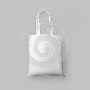 White cotton totebag mockup with handles, 3d rendering, wrinkle-free textural ecobag, isolated on wall background