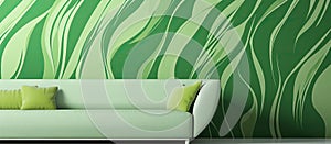 White couch against green striped wallpaper in a cozy living room