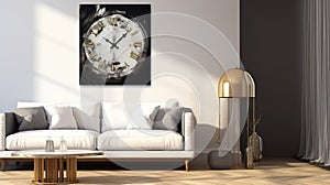 White Couch And Gold Wall Clock: Hyperrealism Room With Silvestro Lega Art photo