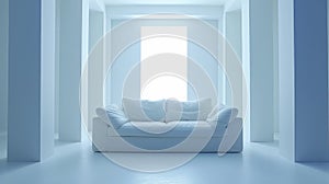 A white couch in a room with pillars and windows, AI