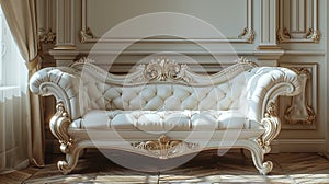 A white couch sitting in a room with gold trim, AI