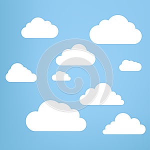 White Couds elements on light blue sky, soft clouds on isolated blue background, and Groups of white Clouds collection in flat