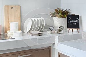White counter in kitchen with utensil