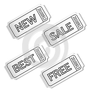 White coupon with text Sale, New, Best, Free. Advertising label for business offer.