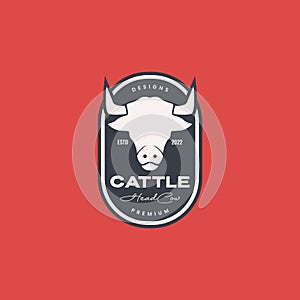 white cow head horned livestock cattle meat beef milk roasted grill badge vintage logo design vector icon illustration