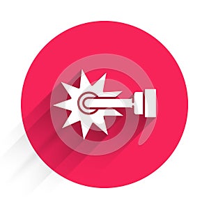 White Cowboy horse riding spur for boot icon isolated with long shadow. Red circle button. Vector