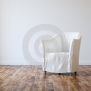 White Cozy Armchair In Empty Room Interior With Parquet photo