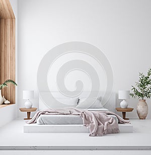 White cozy bedroom interior, Scandinavian style, wall mockup