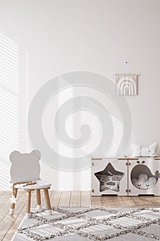 White cozy children room interior background, wall mockup