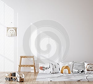 White cozy children room interior background, wall mockup