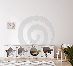 White cozy children room interior background, wall mockup