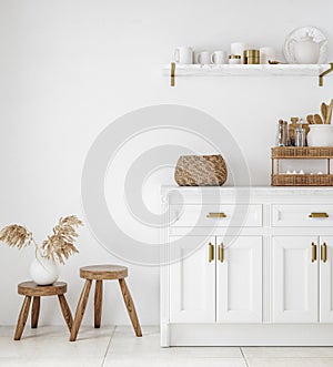 White cozy farmhouse kitchen interior background