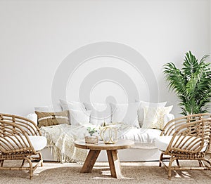 White cozy living room interior, Coastal Boho style