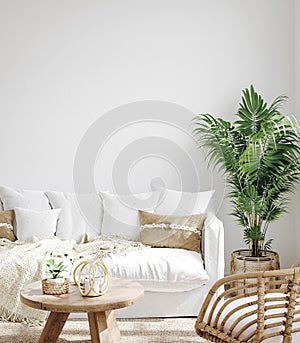 White cozy living room interior, Coastal Boho style