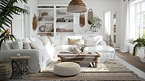 White cozy living room interior, Coastal Boho style. Generative Ai