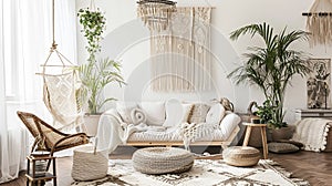 White cozy living room interior, Coastal Boho style. Generative Ai