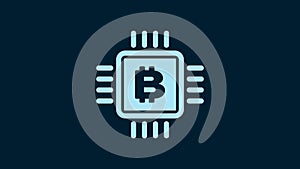 White CPU mining farm icon isolated on blue background. Bitcoin sign inside microchip. Cryptocurrency mining community