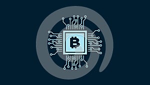 White CPU mining farm icon isolated on blue background. Bitcoin sign inside processor. Cryptocurrency mining community