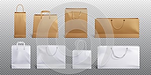White and craft paper bag and handle vector mockup