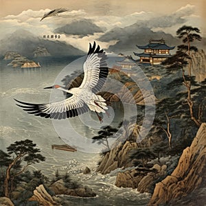 white crane is flying to the village from the sea japanese style image,generated with AI.