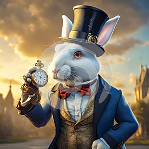 White crazy rabbit with a pocket watch from the fairy tale Alice in Wonderland