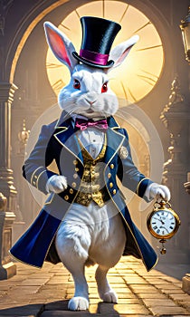 White crazy rabbit with a pocket watch from the fairy tale Alice in Wonderland