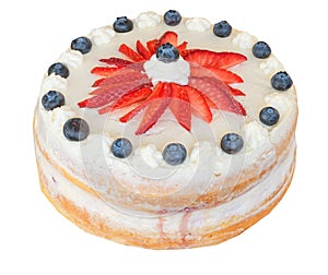 White cream blueberry strawberry fruit cake with lemon creme