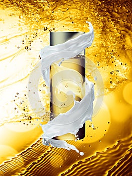 White cream bottle mock up of water splash golden color.