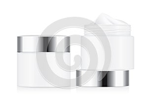 White cream jar with silver lid closed and open lid to see white cream