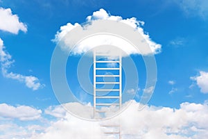 White creative staircase in the clouds. Career growth, creative idea. Skills and success concept. Ladder in blue sky with clouds