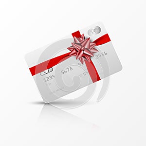 White credit cart with red bow and ribbon, vector