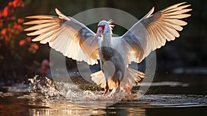 White crested ibis splashes in lake water and sunset