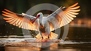 White crested ibis splashes in lake water and sunset
