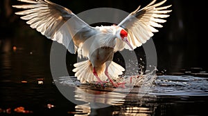 White crested ibis splashes in lake water and sunset