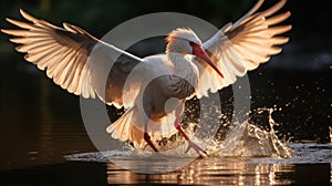 White crested ibis splashes in lake water and sunset