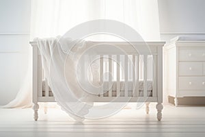 White crib with blanket standing in cute baby room. Generative AI