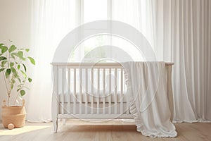White crib with blanket standing in cute baby room. Generative AI
