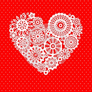 White crochet lace flower heart on red romantic greeting card, vector background photo