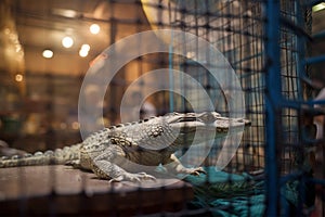 White crocodile caught in cage.