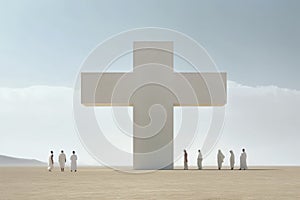 White cross in the desert with people around