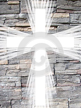 White cross with light rays and stone background christian symbol of resurrection