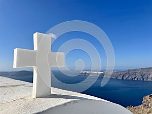 White Cross on Top of Chapel in Santorini Greece