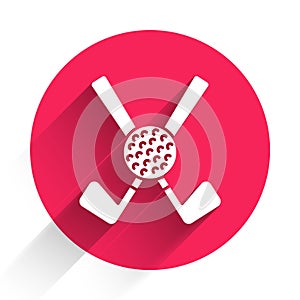 White Crossed golf club with ball icon isolated with long shadow. Red circle button. Vector