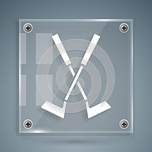 White Crossed golf club icon isolated on grey background. Square glass panels. Vector