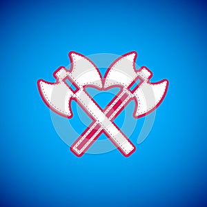 White Crossed medieval axes icon isolated on blue background. Battle axe, executioner axe. Medieval weapon. Vector