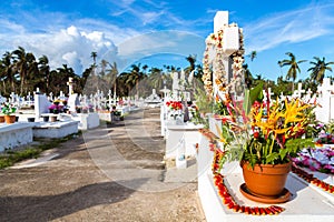 White crosses of a christian cemetery, Uvea Wallis island, Wallis and Futuna territory Wallis-et-Futuna, Polynesia, Oceania.