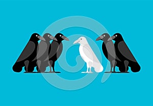 White crow among black crows. Vector illustration